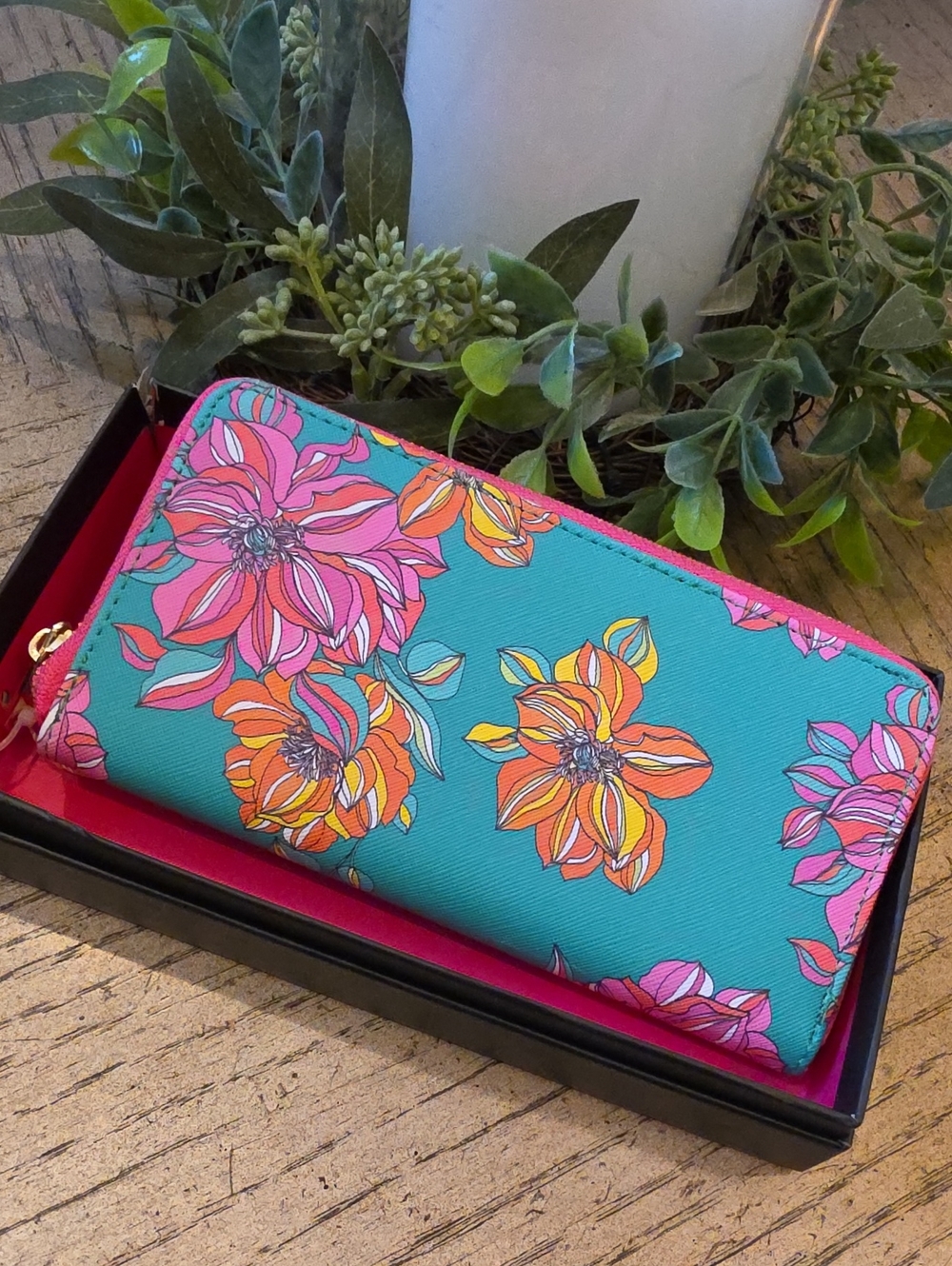Floral Zip-Around Wallet - Teal & Pink Trina Turk NWY
